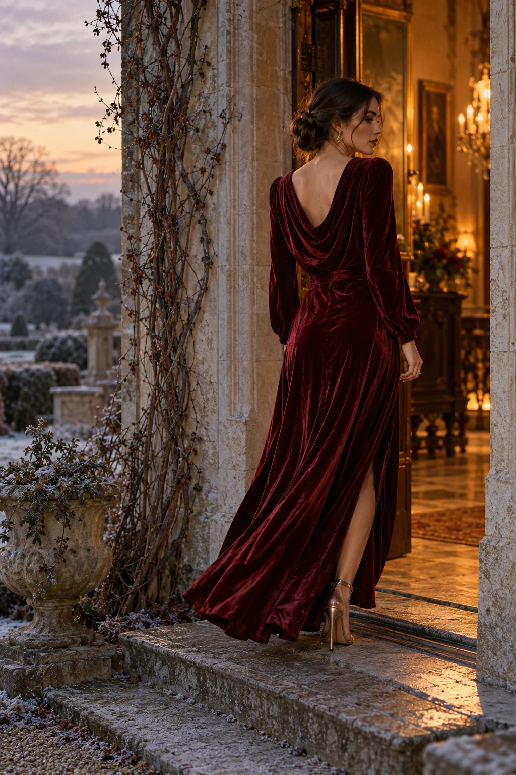 An imagined burgundy velvet dress worn at a warmly lit stone doorway in winter